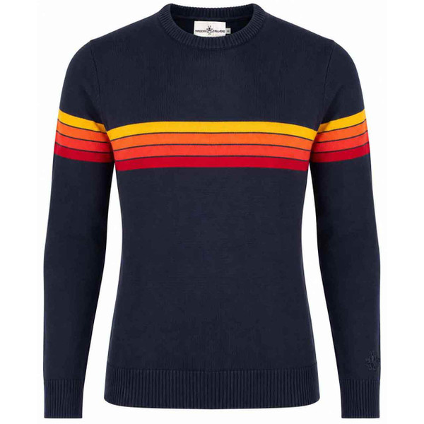 Jarvis Retro 90s Britpop Gradient Rainbow Stripe Knitted Jumper in Navy