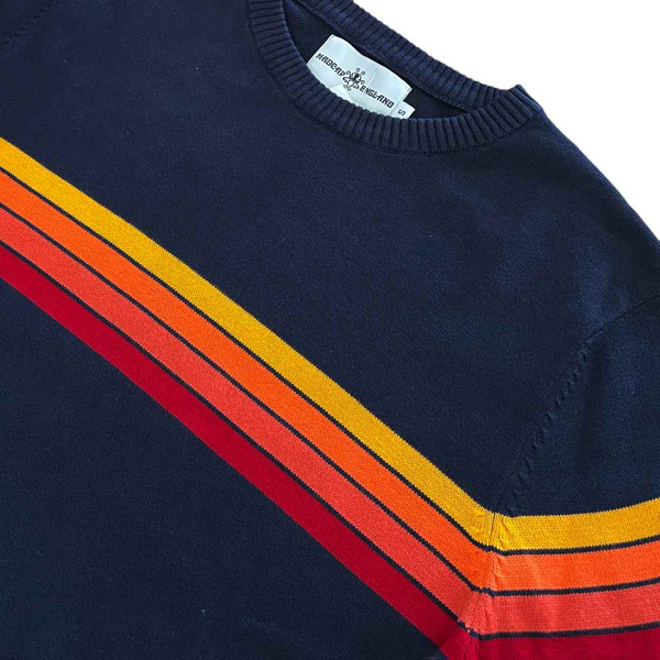 Stripes on the Jarvis Retro 90s Britpop Gradient Rainbow Stripe Knitted Jumper in Navy