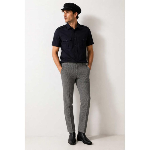 Model Wearing the Madcap England Dylan 1960s Mod Brushed Dogtooth Slim Leg Trousers in Atmosphere Grey