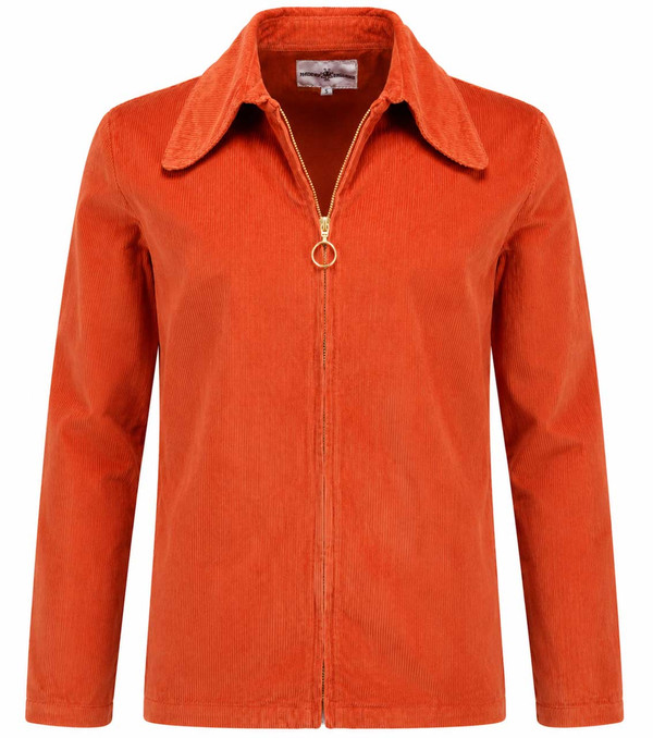Ziggy beagle collar cord shirt jacket in Cinnamon Stick front view with concealed zip slightly unfastened.