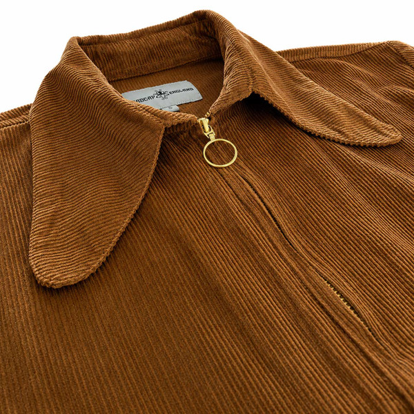 Fabric and collar detail on the Ziggy beagle collar retro 70s cord shirt jacket in Tan