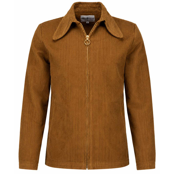 Ziggy beagle collar retro 70s cord shirt jacket in Tan with ring zip slightly unfastened