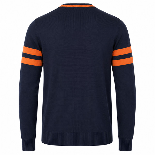 Madcap England Columbia Varsity Style Tipped Ivy League Jumper in Navy and Orange Back View