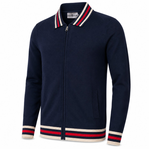 Madcap England Stevie Retro Stripe Collar Knitted Track Top in Navy Blazer Side View