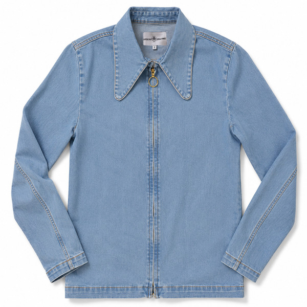 Madcap England Ziggy Beagle Collar Denim Jacket in Bleach Wash laid flat showing the complete retro denim jacket design
