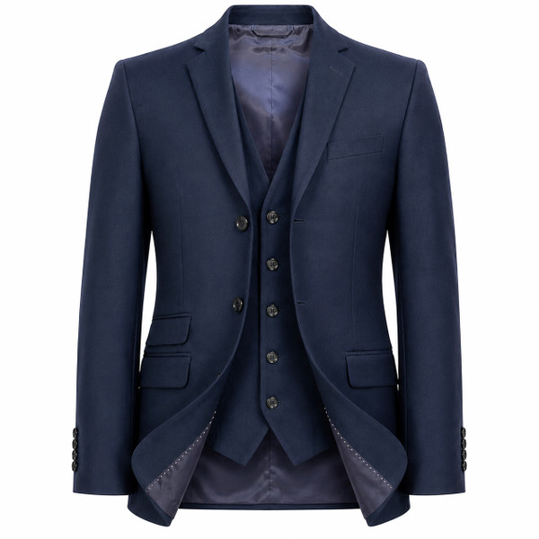 Madcap England Carter Mod 3 Button Slim Fit Suit Blazer Jacket in Navy - Jacket pictured with matching Waistcoat
