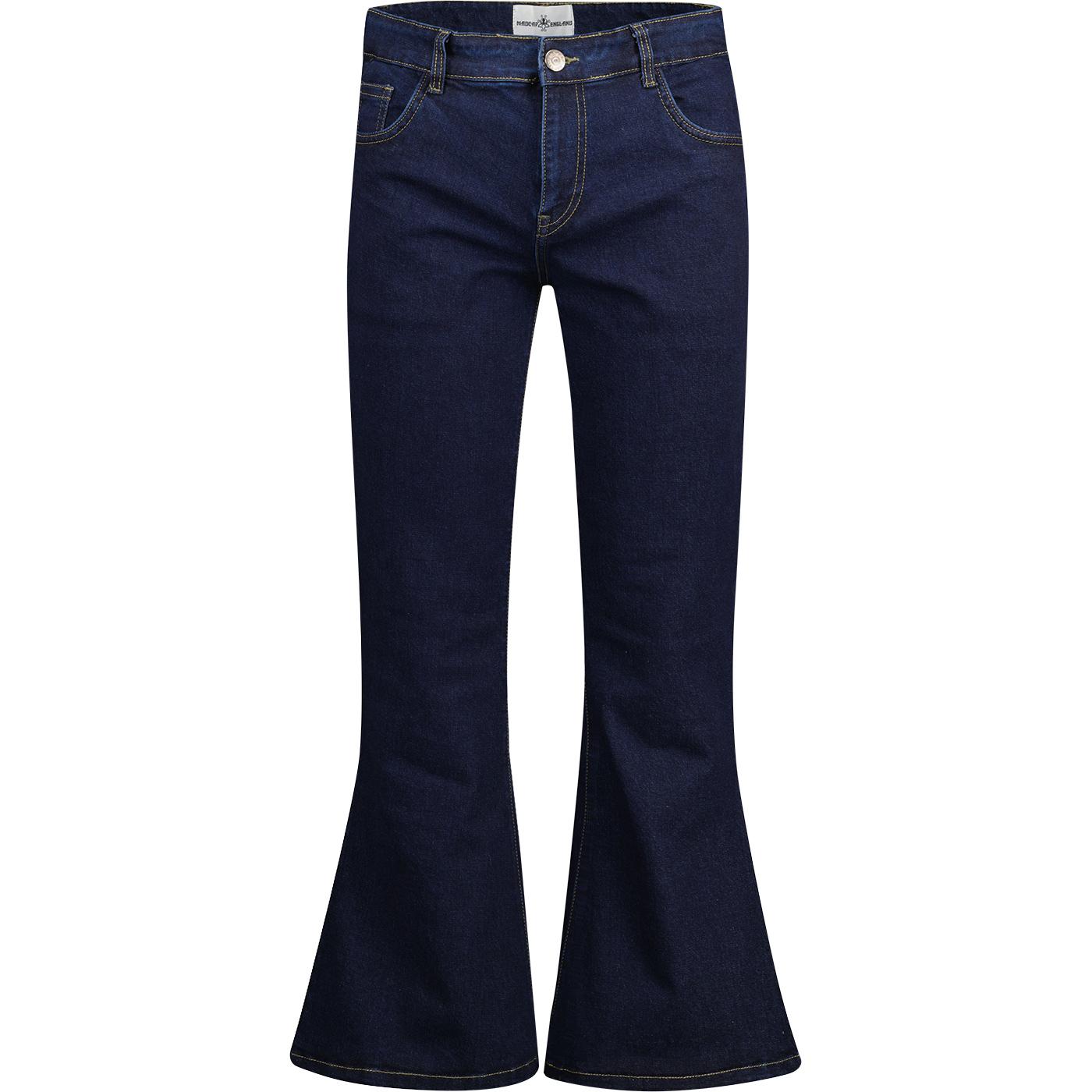 Madcap England Men's Rock Flares Bell Bottom 70s Jeans in Indigo Blue Denim