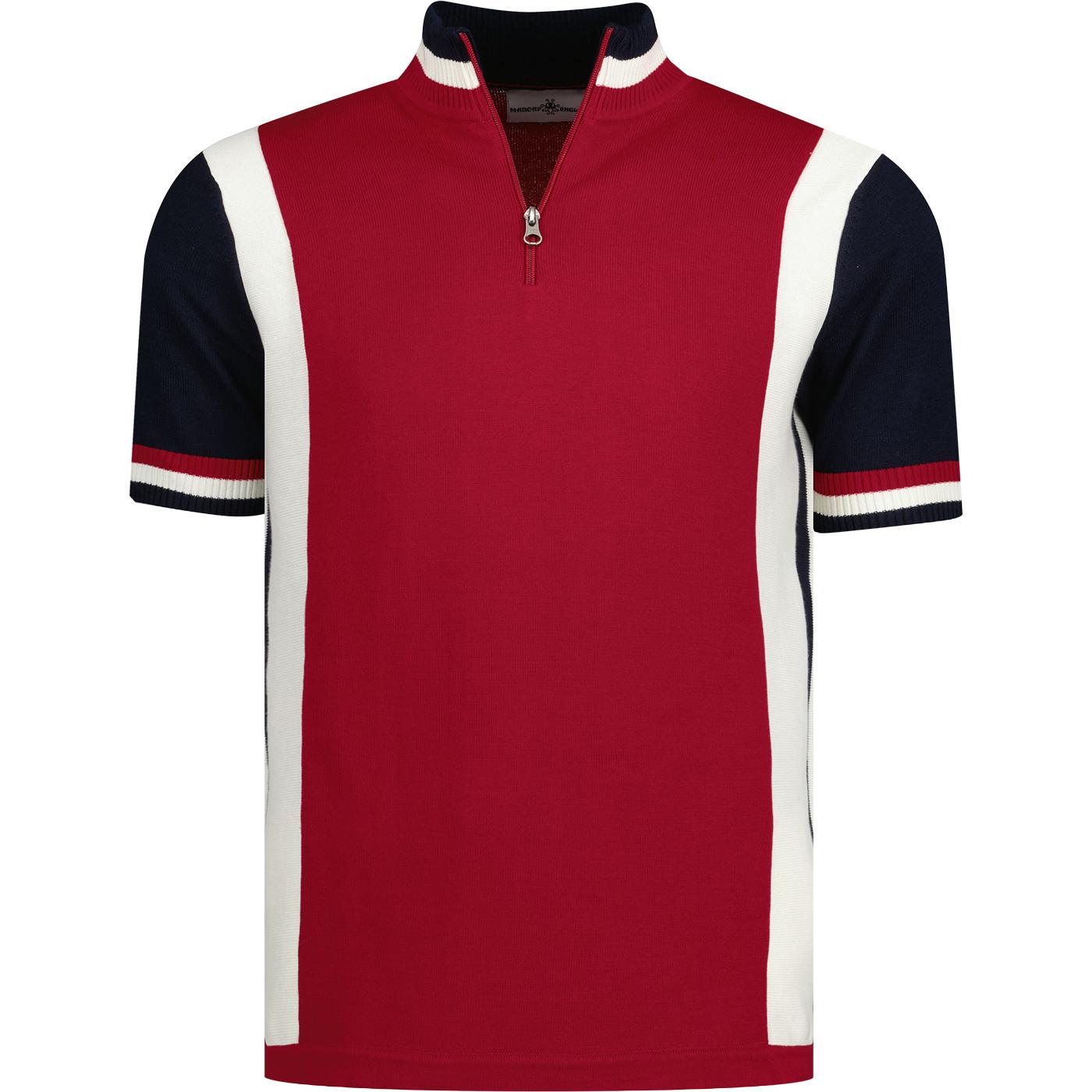 madcap england mens hi-wheel colour block zip neck knitted cycling top red