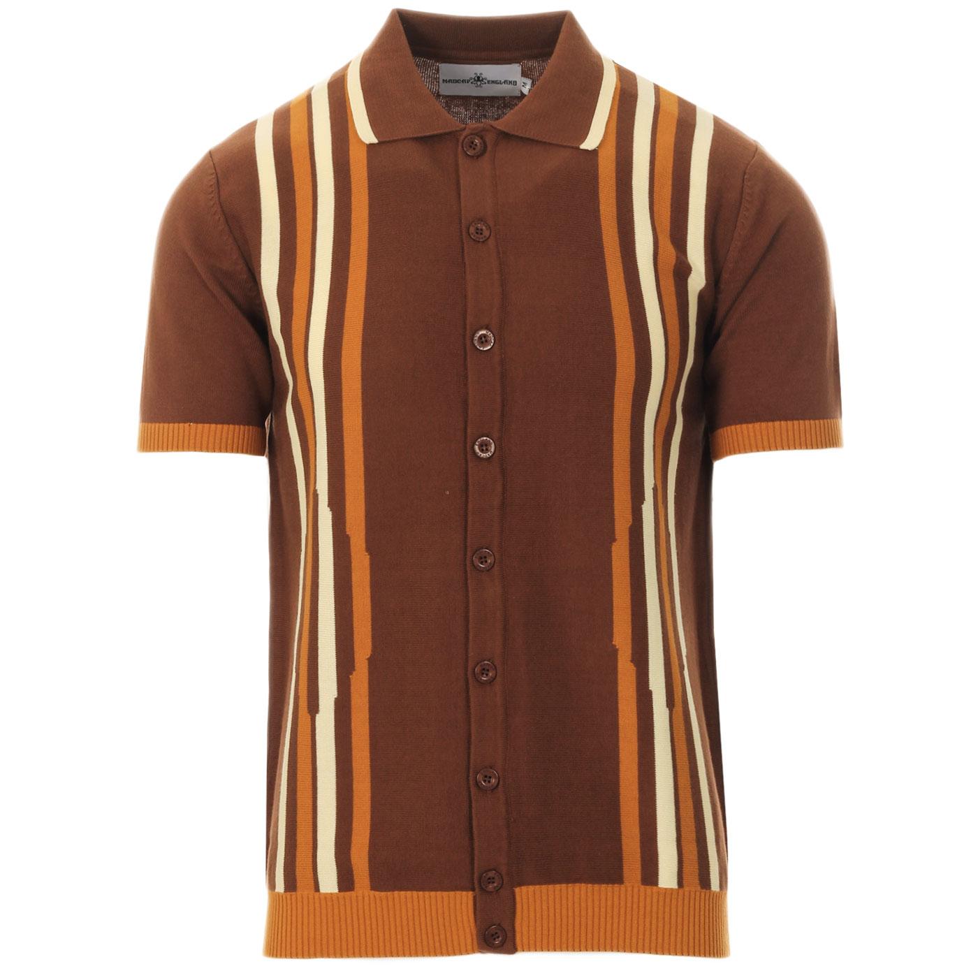 Madcap England Shockwave 1960s Mod Abstract Jagged Stripe Knit Polo Shirt in Sorrel Brown 