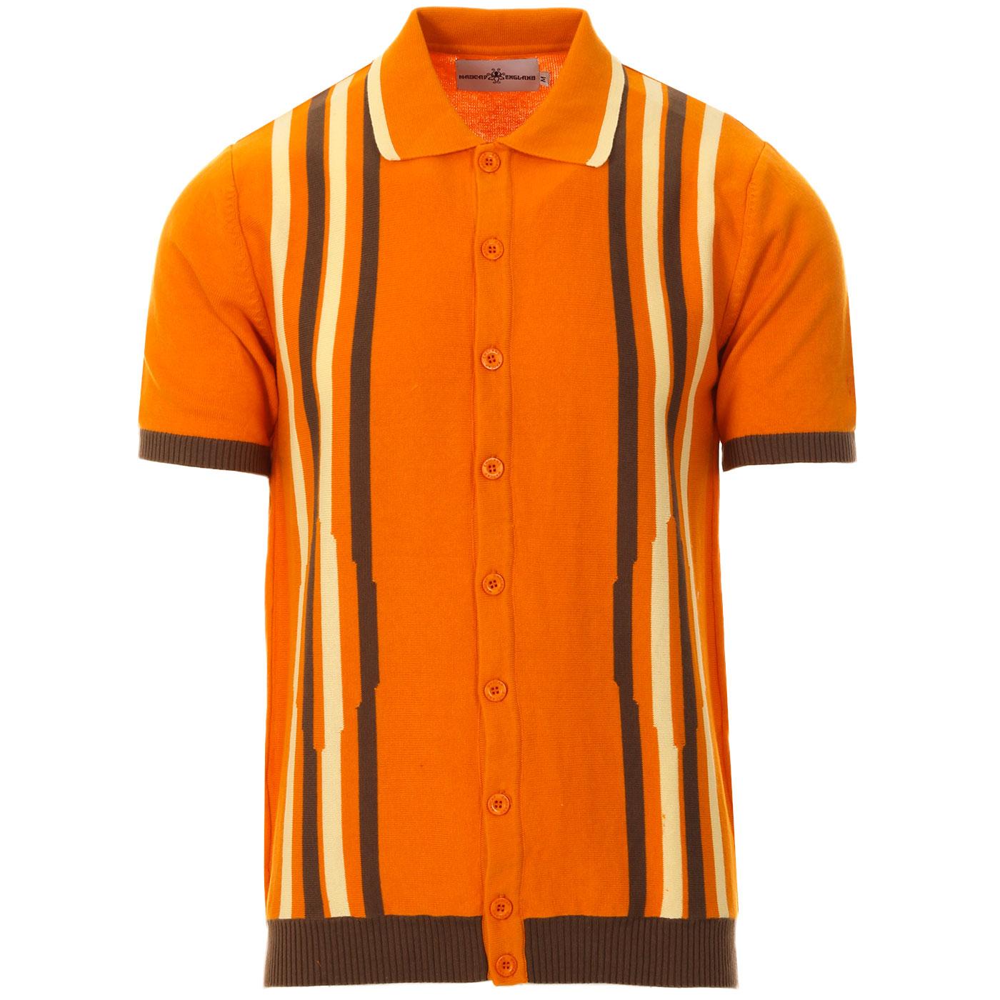 Madcap England Shockwave 1960s Mod Abstract Jagged Stripe Knitted Polo Shirt in Dark Cheddar