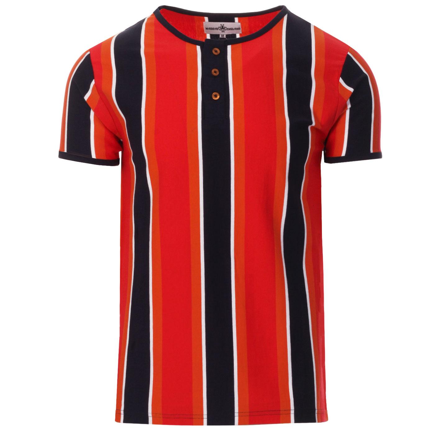 Madcap England Winstono Men's 60s Mod Stripe Grandad T-shirt in Poppy