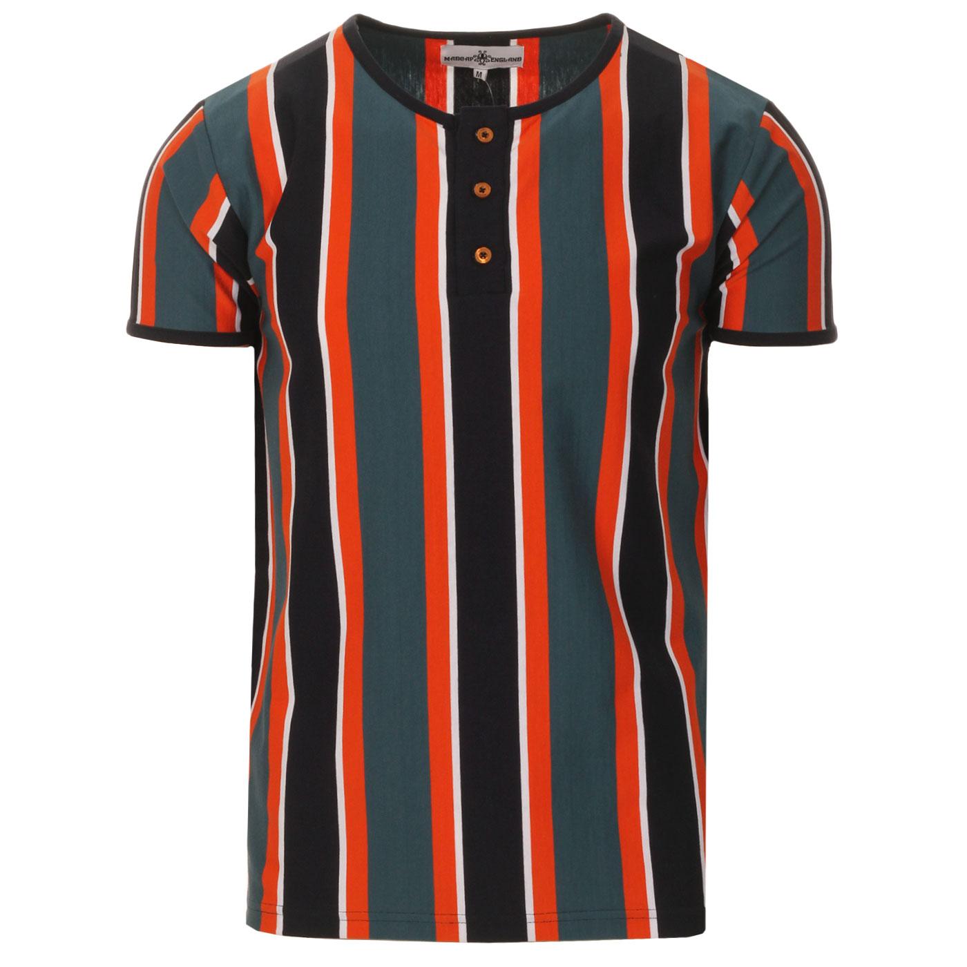 Madcap England Winstono Men's Retro 60s Stripe Grandad T-shirt in Tapestry