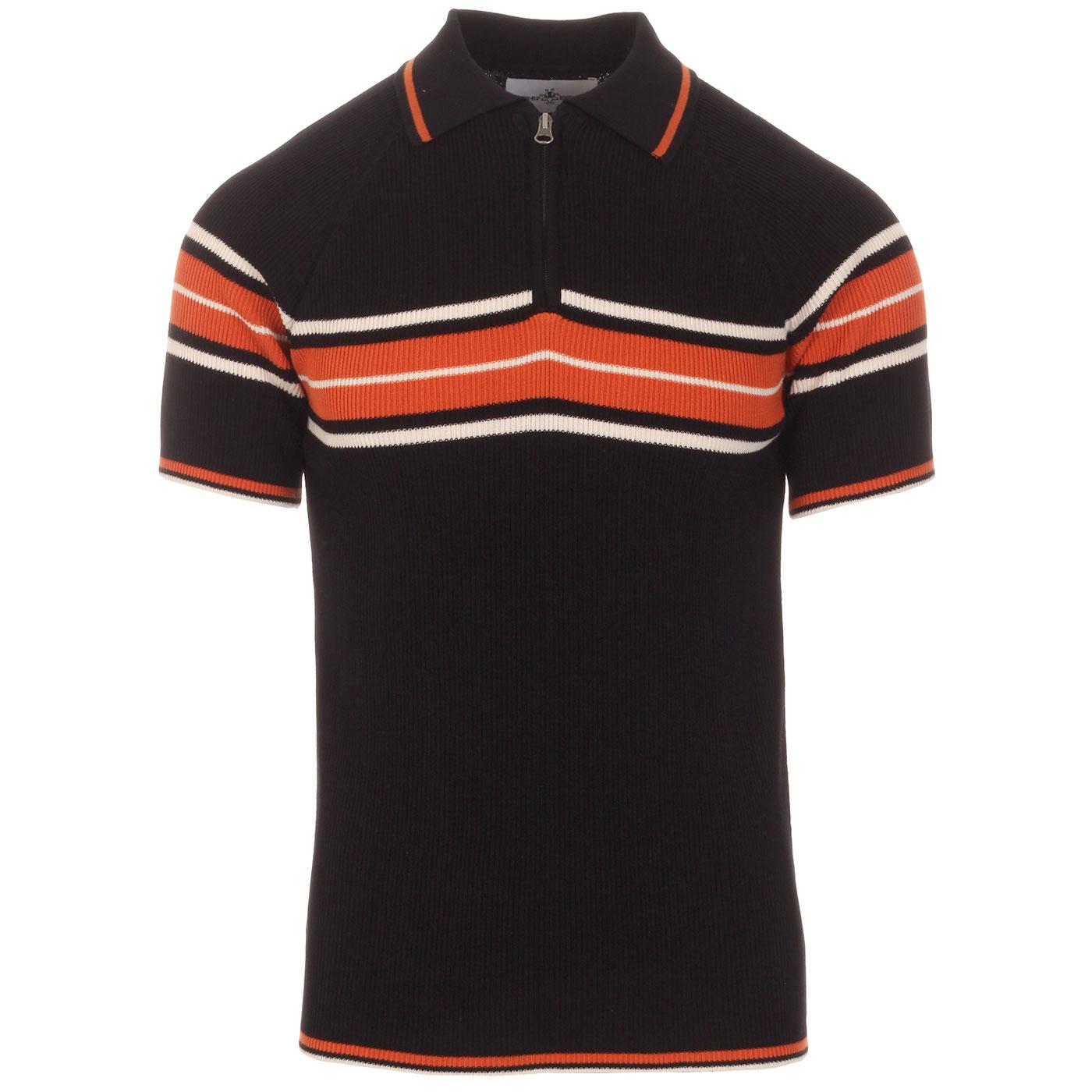 Madcap England Fireball Men's 1960s Mod Ribbed Stripe Zip Neck Polo Shirt in Black