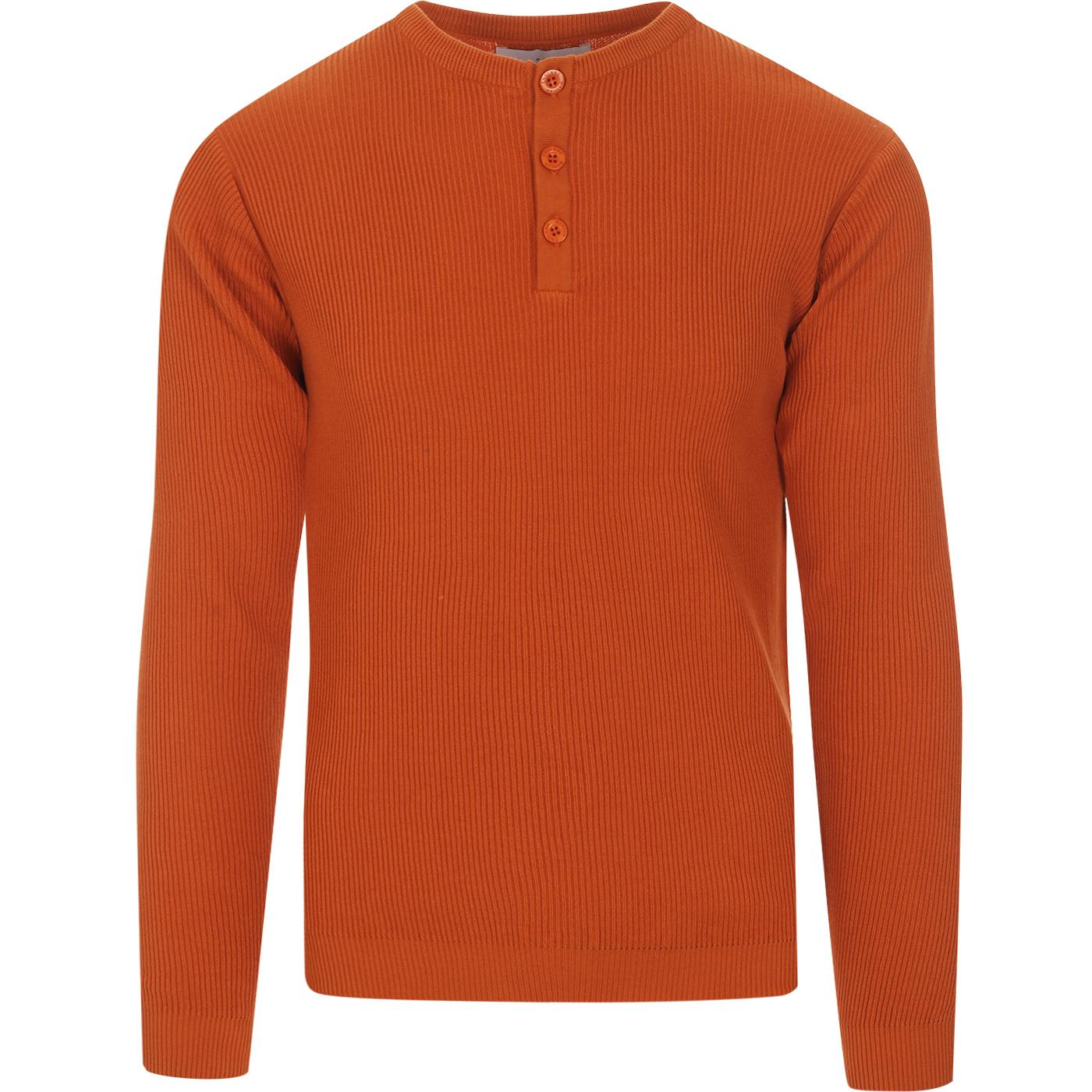 madcap england mens ribbed plain polo neck long sleeve top rust orange