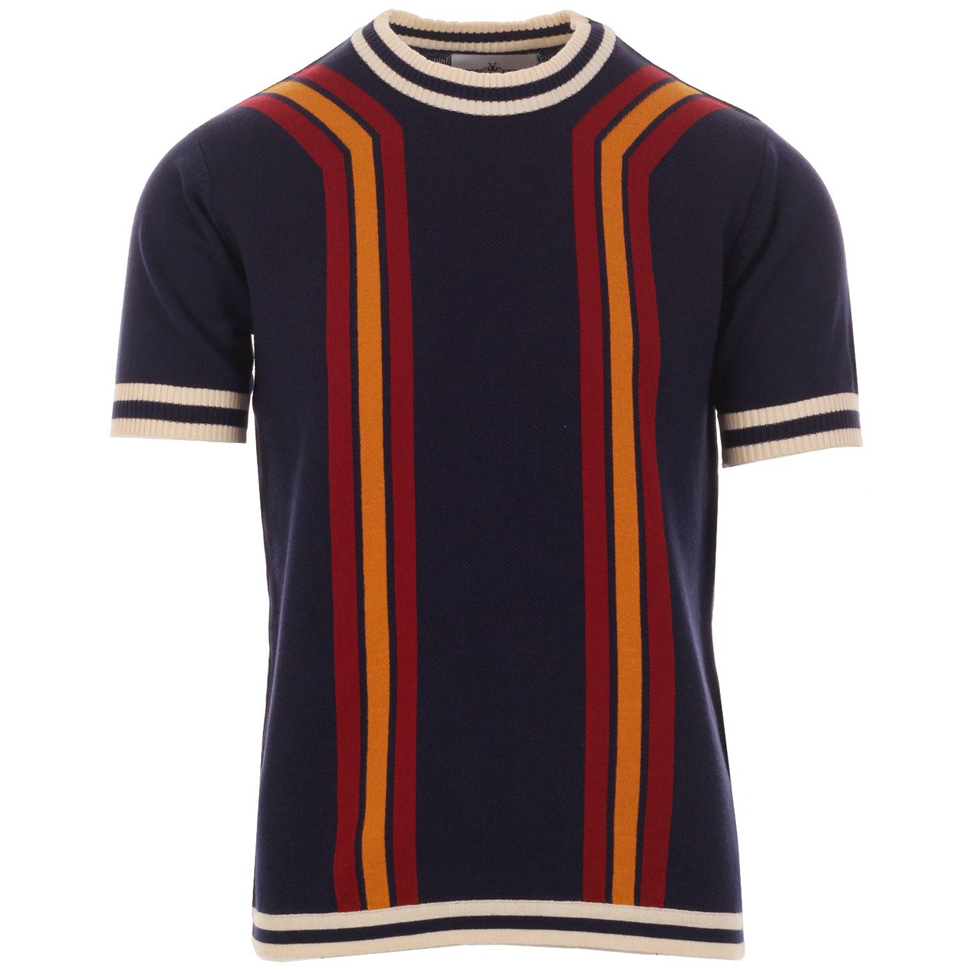 Madcap England Modernista Retro 1970s Waffle Texture Contoured Stripe Knit Tee in Eclipse