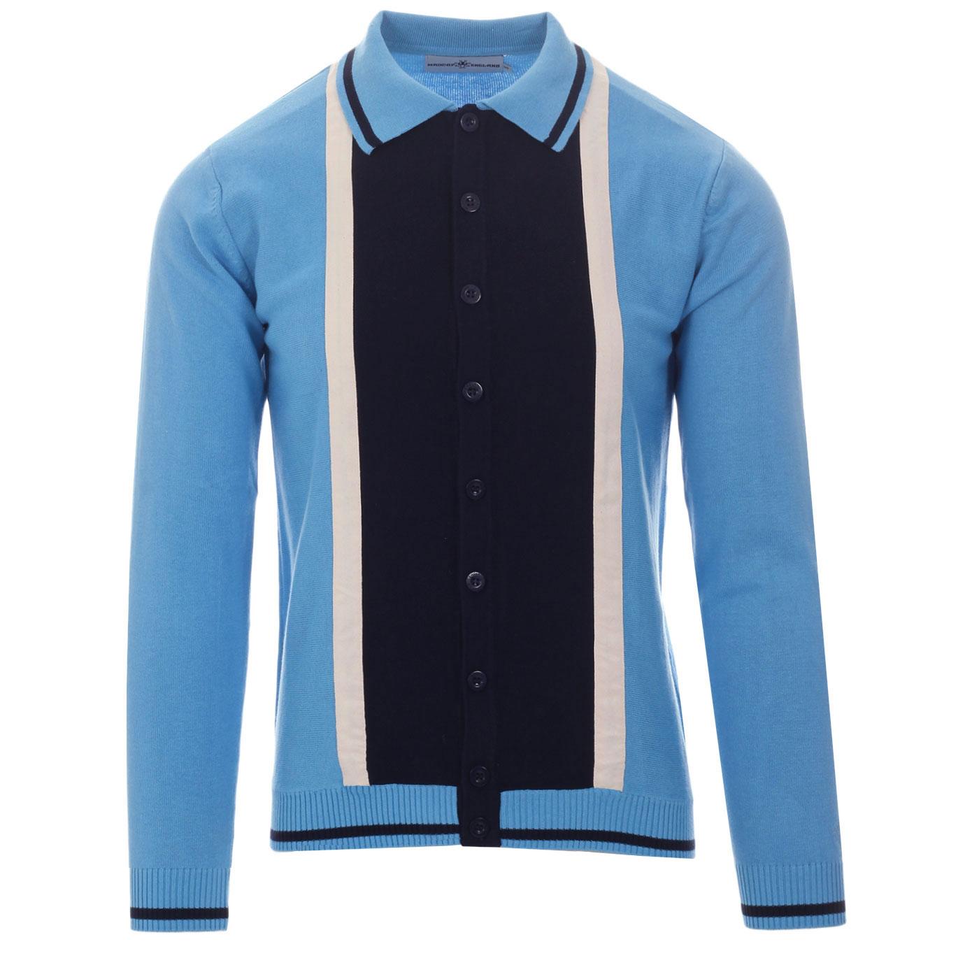 Madcap England Marriott Suede Button Through Knitted Polo Top in Bonnie Blue