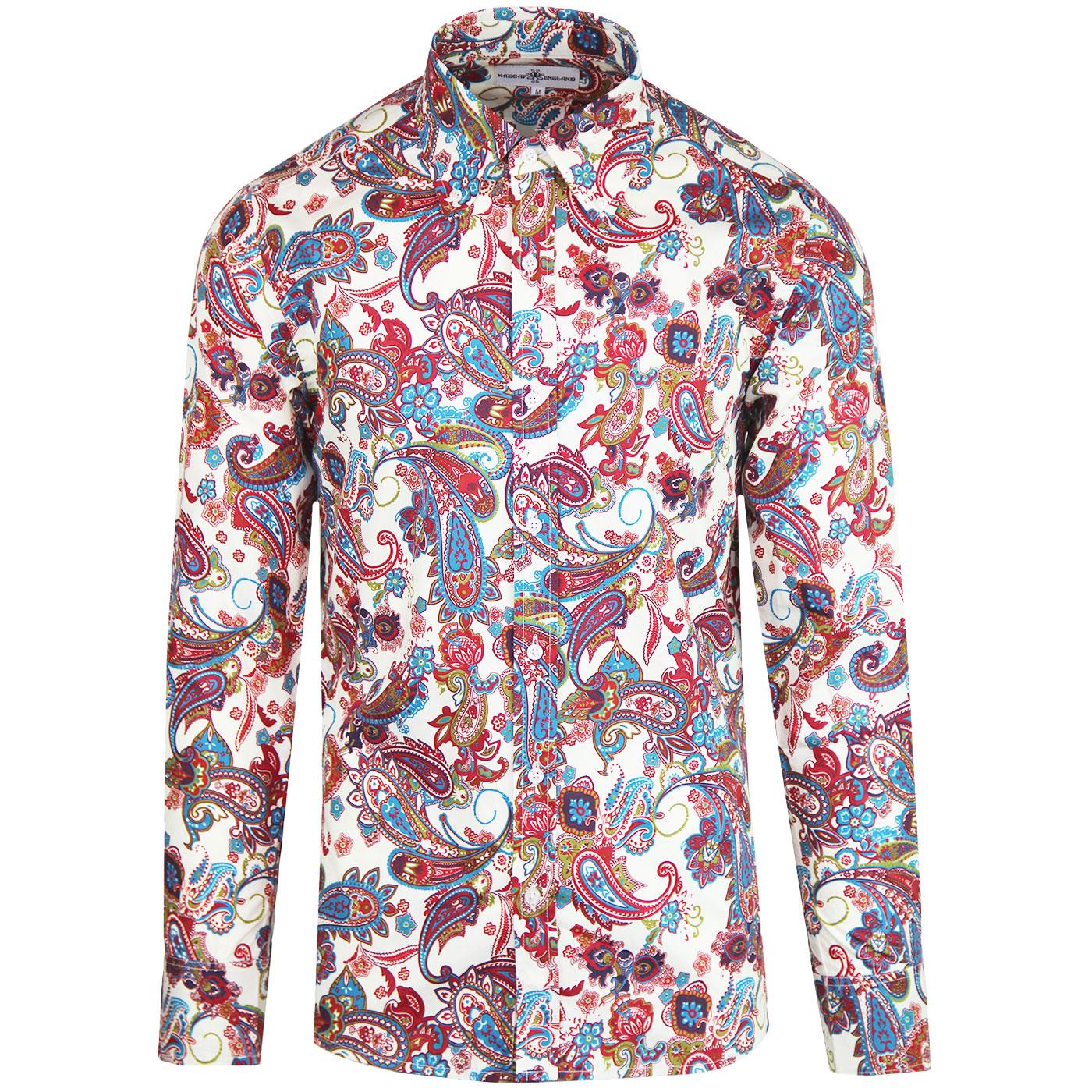 Madcap England Trip 1960s Mod Button Down Paisley Shirt in Red/Ecru.