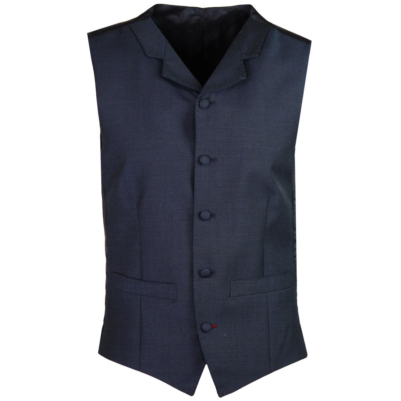 Madcap England 1960s Mod High Fasten Mohair Tonic Lapel Waistcoat in Navy