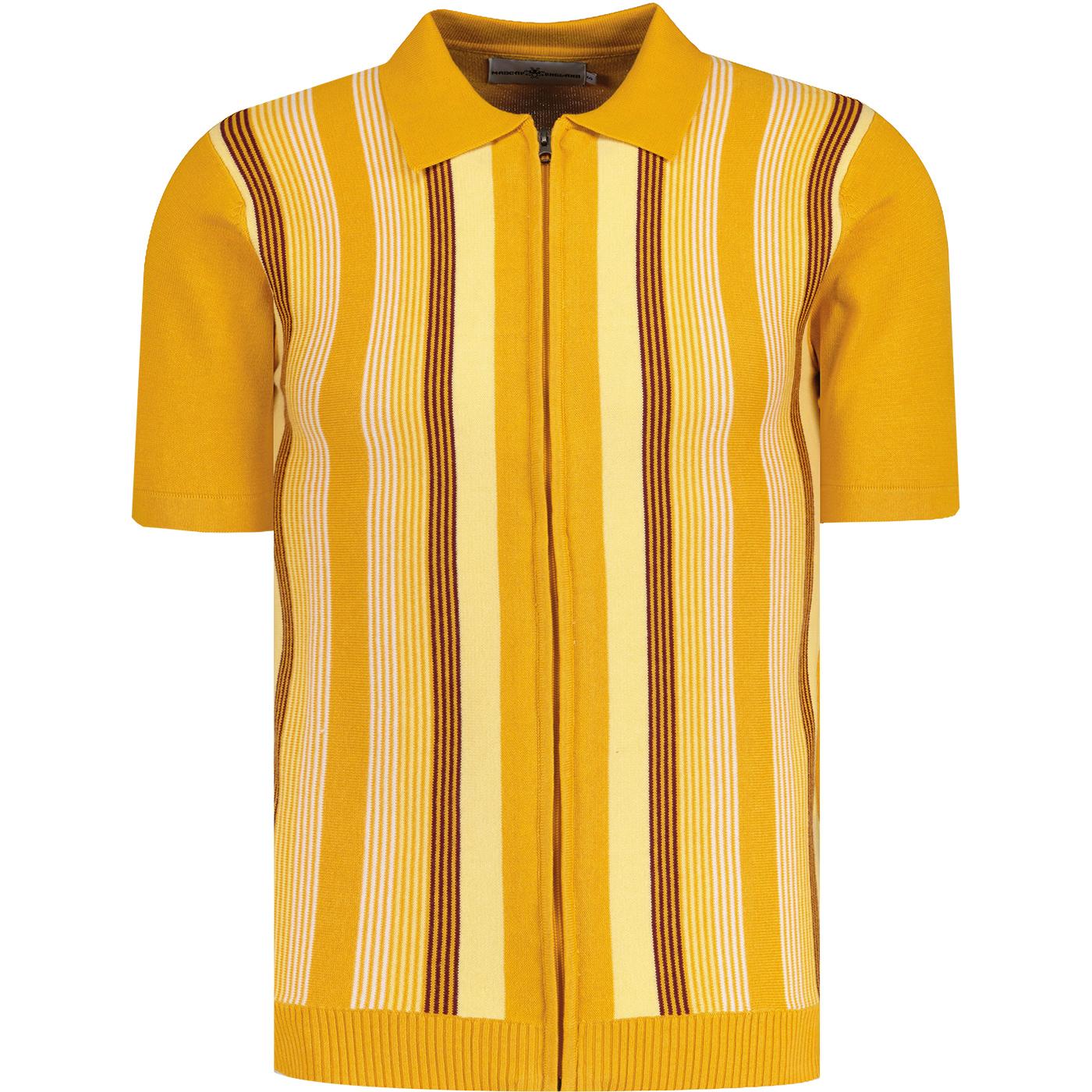 Madcap England Capitol 1960s Mod Stripe Zip Knit Polo Top in Golden Glow