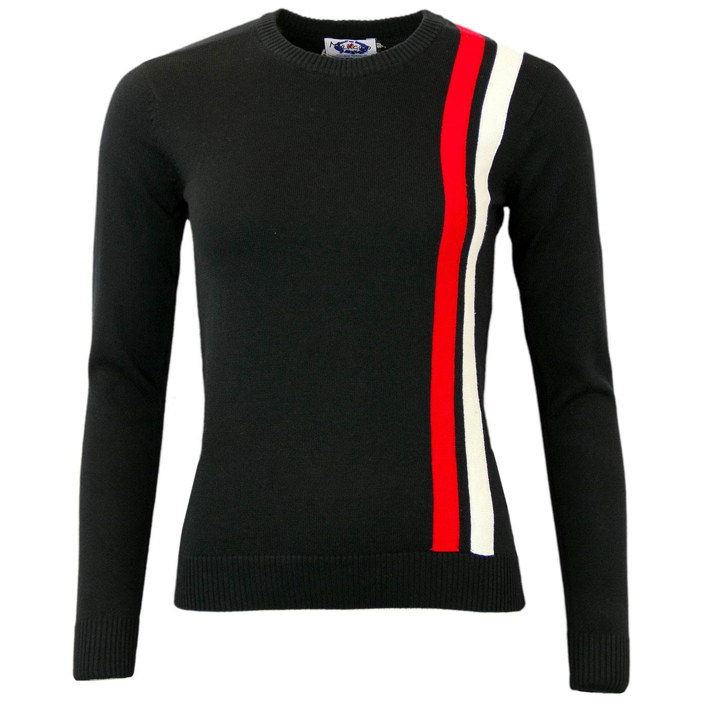 Madcap England Womens Mod 60s Twin Stripe Racing Jumper in Black