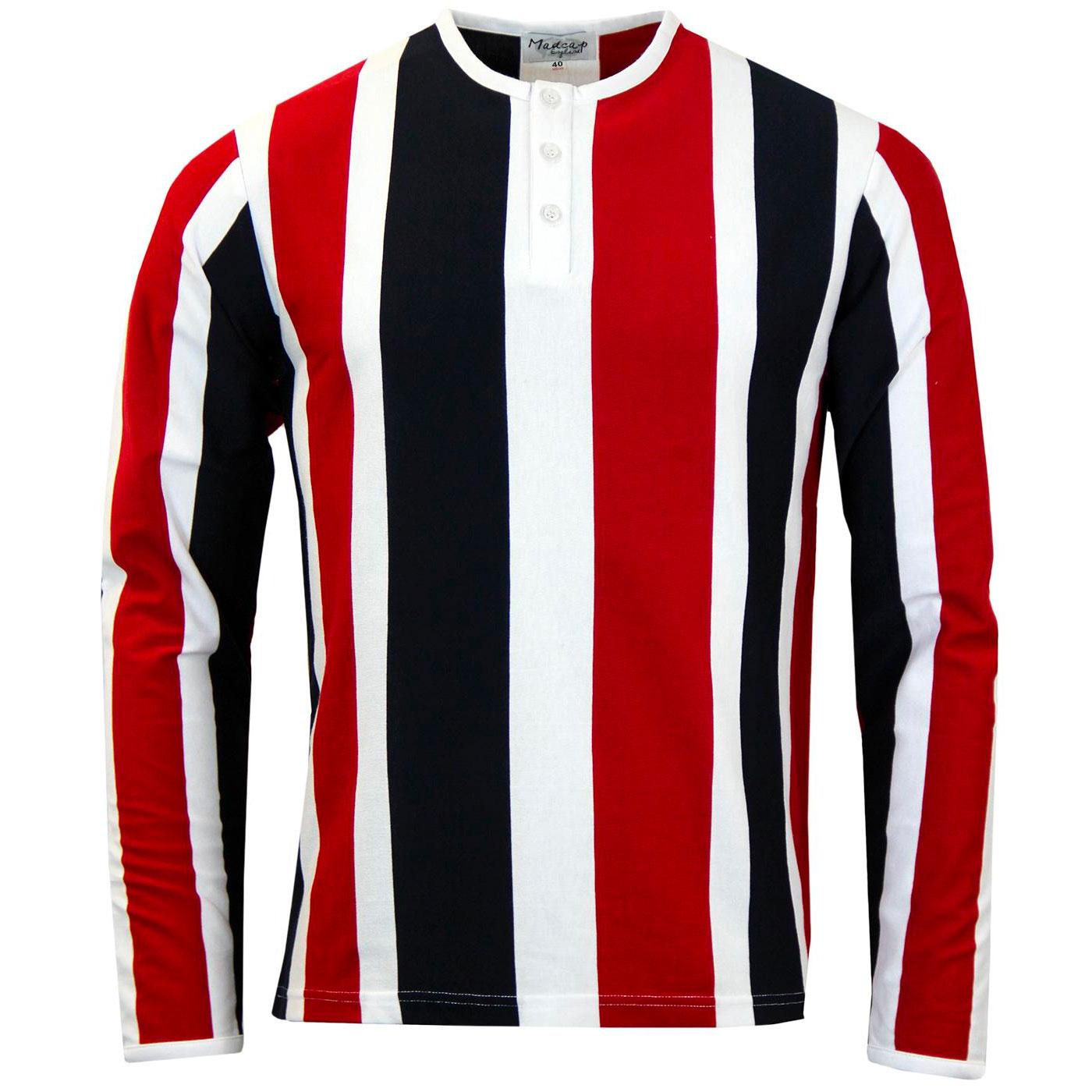 Madcap England Winston 60s Mod Long Sleeve Stripe Grandad T-shirt in Red/Navy