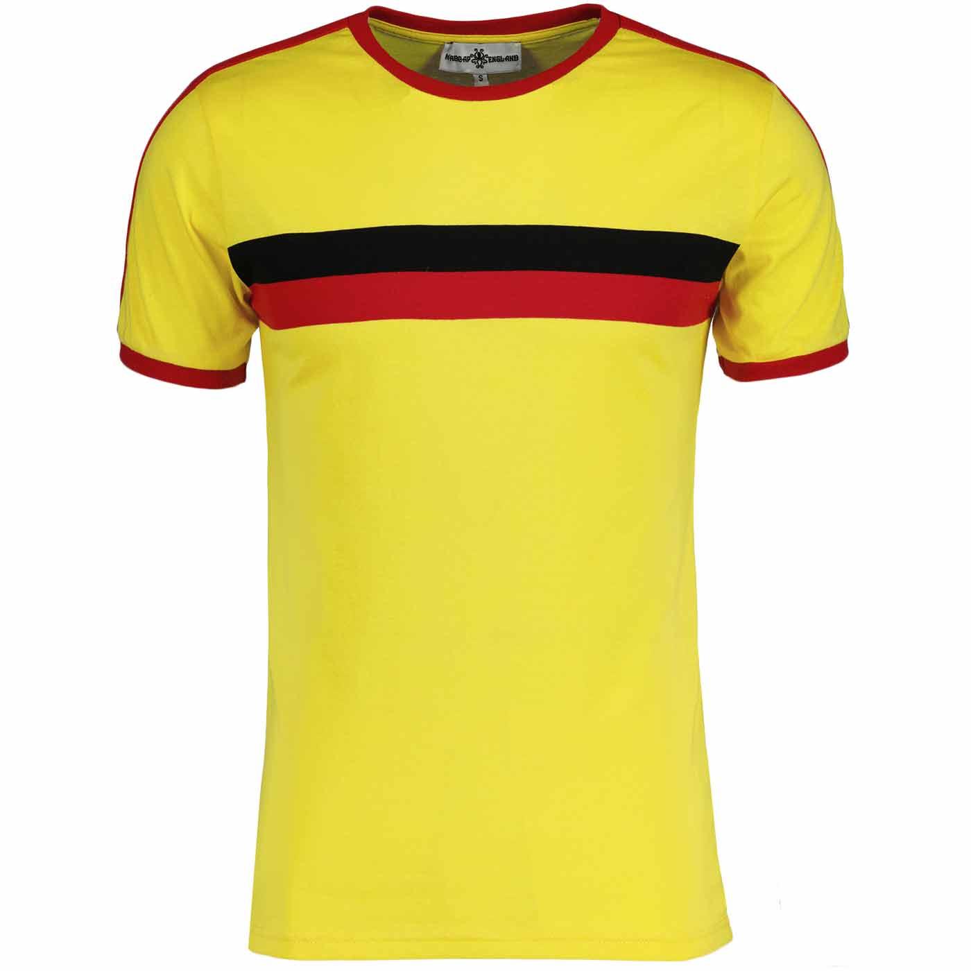 Madcap England Retro 70s Chest Stripe Taped Sleeve Disco Ringer Tee in Yellow Madcap England Retro 70s Chest Stripe Taped Sleeve Disco Ringer Tee in Yellow