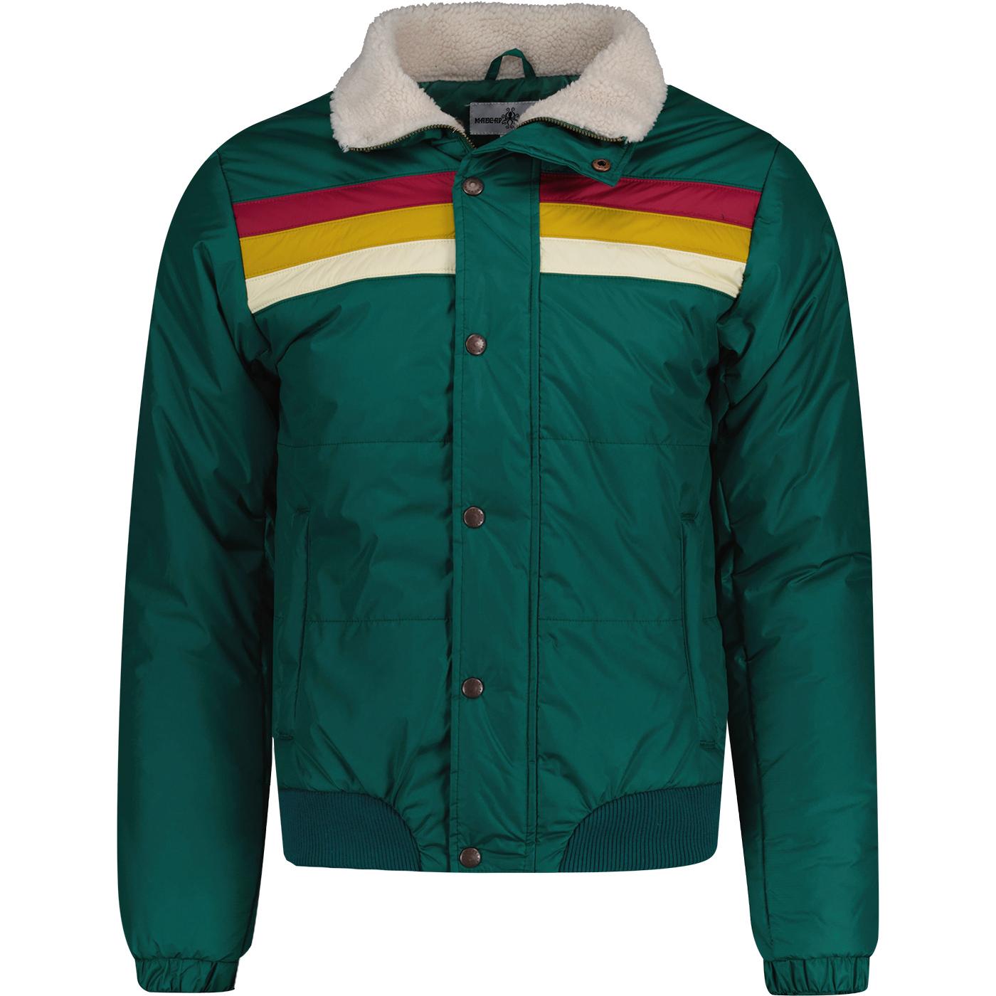 Madcap England Edge Men's Retro 1970s Rainbow Stripe Ski Jacket in Alpine Green Madcap England Edge Men's Retro 1970s Rainbow Stripe Ski Jacket in Alpine Green