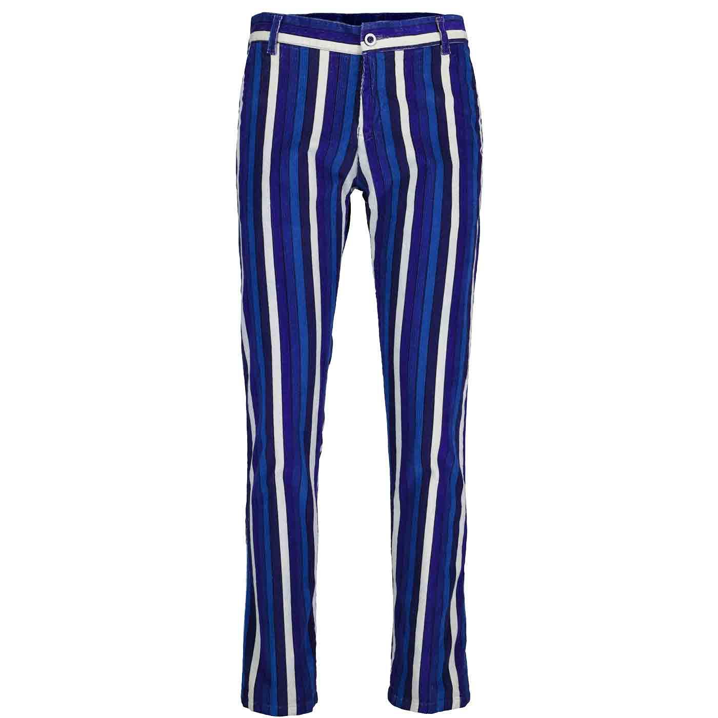 Madcap England Psycho Spectrum Stripe Retro 70s Slim Leg Cord Trousers in Blue Madcap England Psycho Spectrum Stripe Retro 70s Slim Leg Cord Trousers in Blue