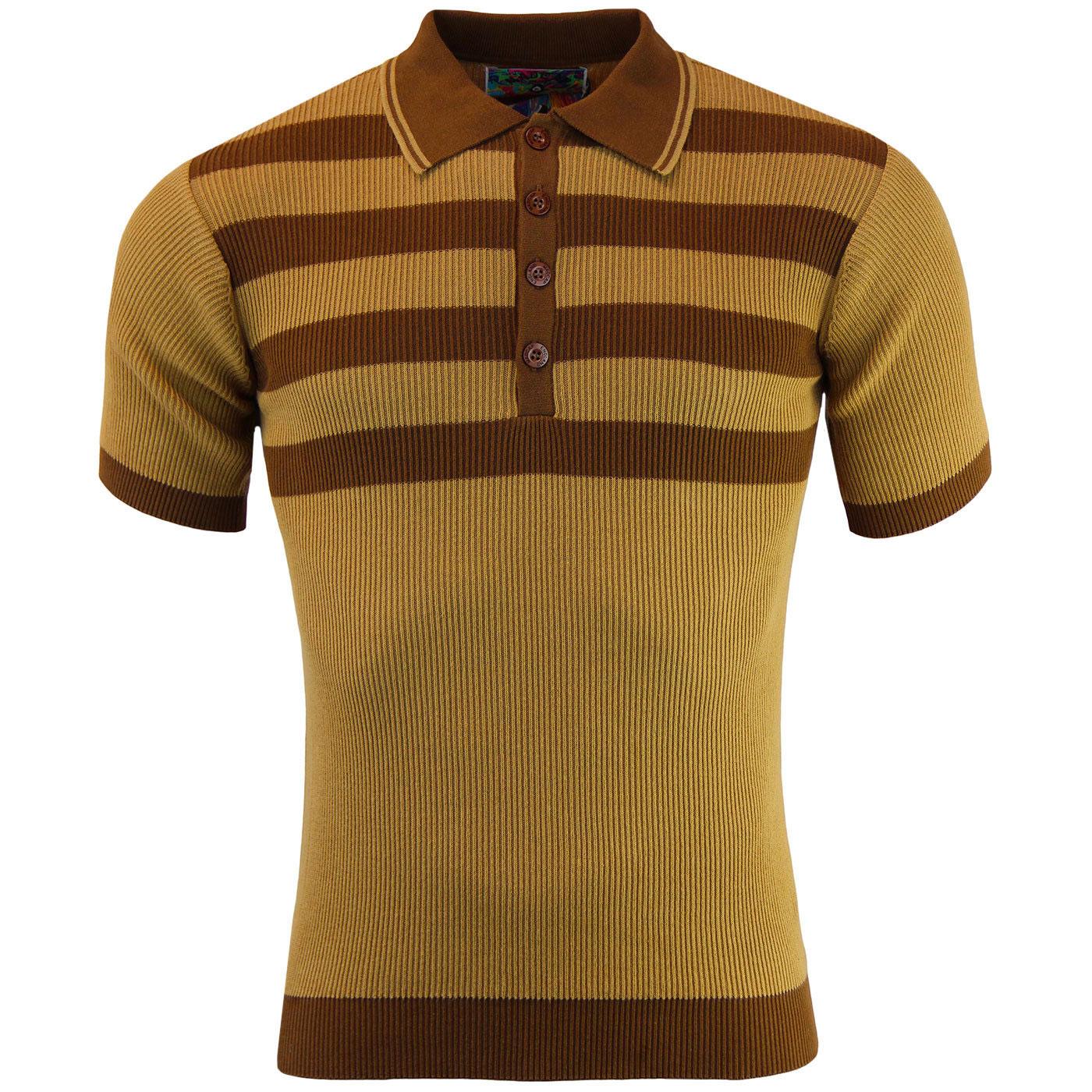 Madcap England Terry Retro Mod Ribbed Stripe Polo Shirt in Caramel