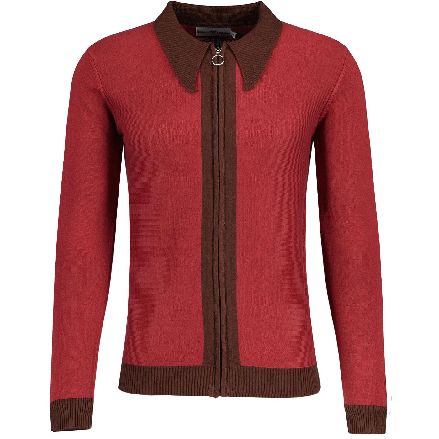 Madcap England Riva 60s Mod Big Collar Knitted Ring Zip Polo Cardigan in Russet Red