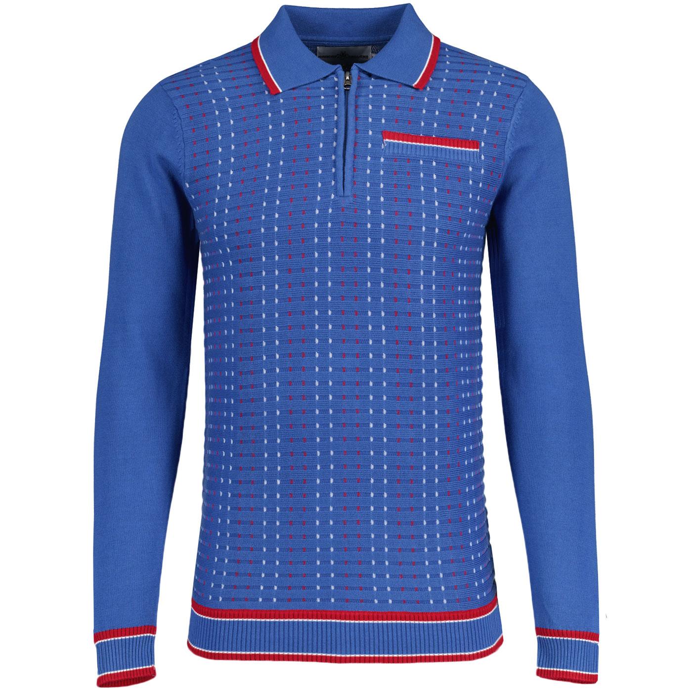 Madcap England Coltrane 60s Mod Jacquard Knit Zip Neck Polo Shirt in Federal Blue  