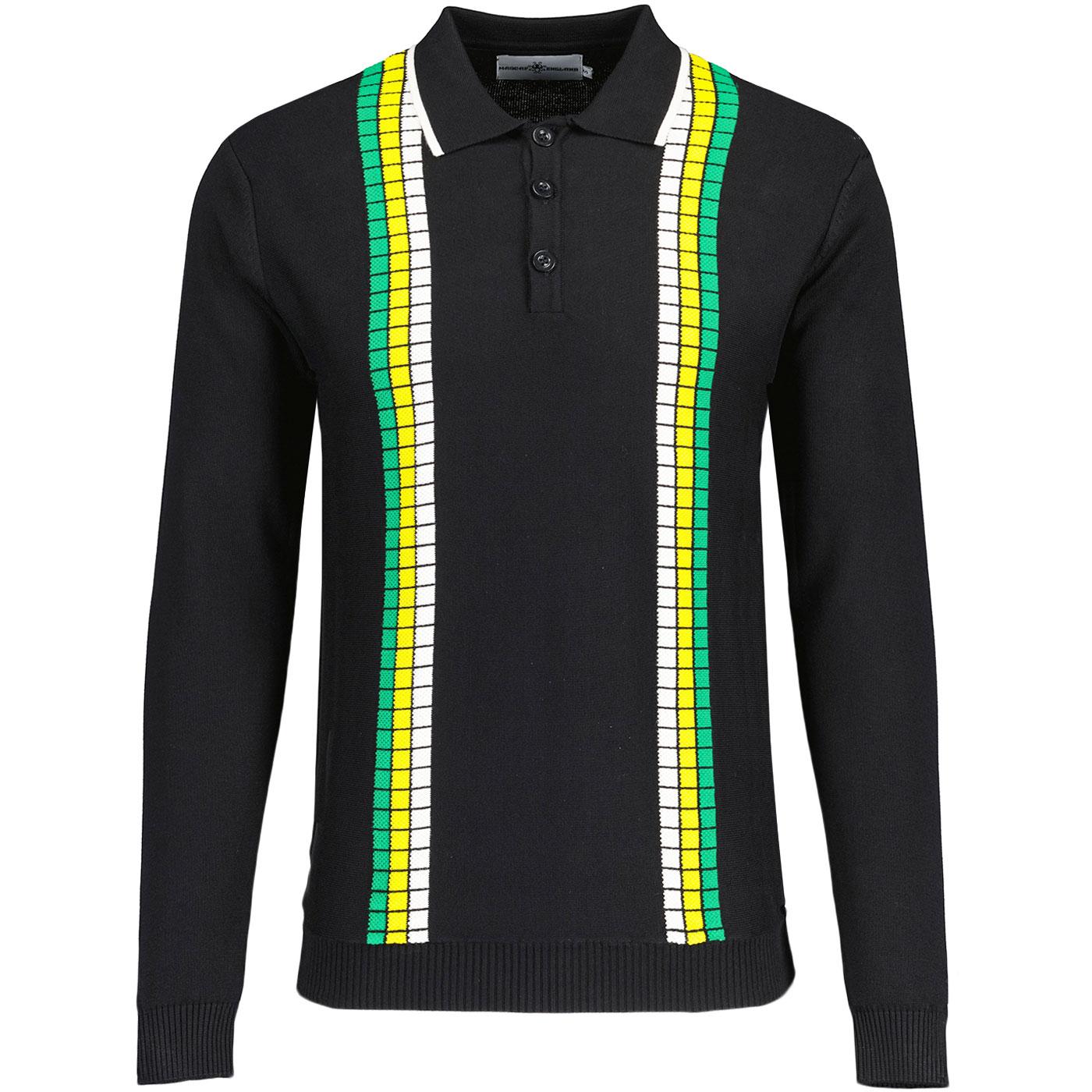 Madcap England Zodiac Mod Textured Waffle Square Stripe Knit Polo Shirt in Black with Green, Yellow and White MC1032 Madcap England Zodiac Mod Textured Waffle Square Stripe Knit Polo Shirt in Black with Green, Yellow and White MC1032