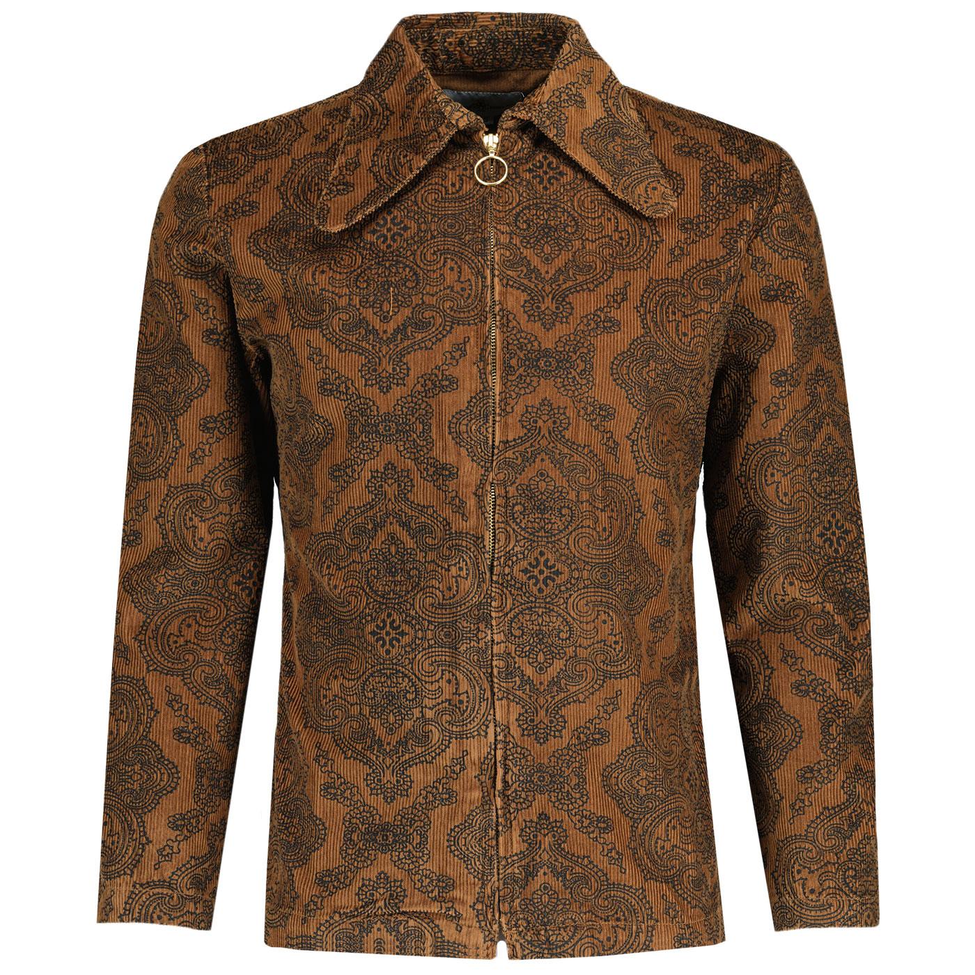 Madcap England Ziggy Paisley Cord Retro 60s Big Collar Ring Zip Shirt Jacket in Tan