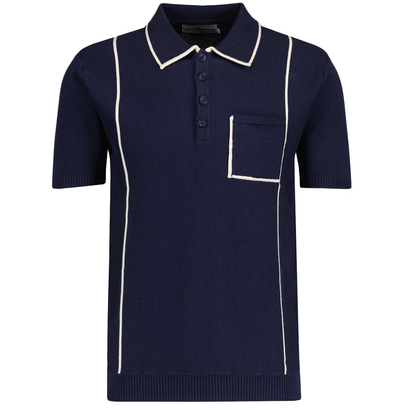 Madcap England Cagney Retro 1960s Knitted Pocket Piping Polo Shirt in Navy Blazer MC1089 Madcap England Cagney Retro 1960s Knitted Pocket Piping Polo Shirt in Navy Blazer MC1089