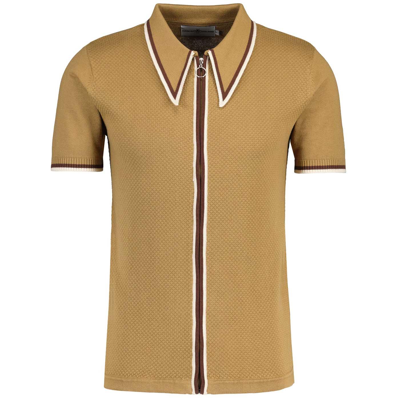 Madcap England Mack 60s Mod Dagger Collar Popcorn Knit Tipped Zip Through Polo Shirt in Fall leaf Madcap England Mack 60s Mod Dagger Collar Popcorn Knit Tipped Zip Through Polo Shirt in Fall leaf