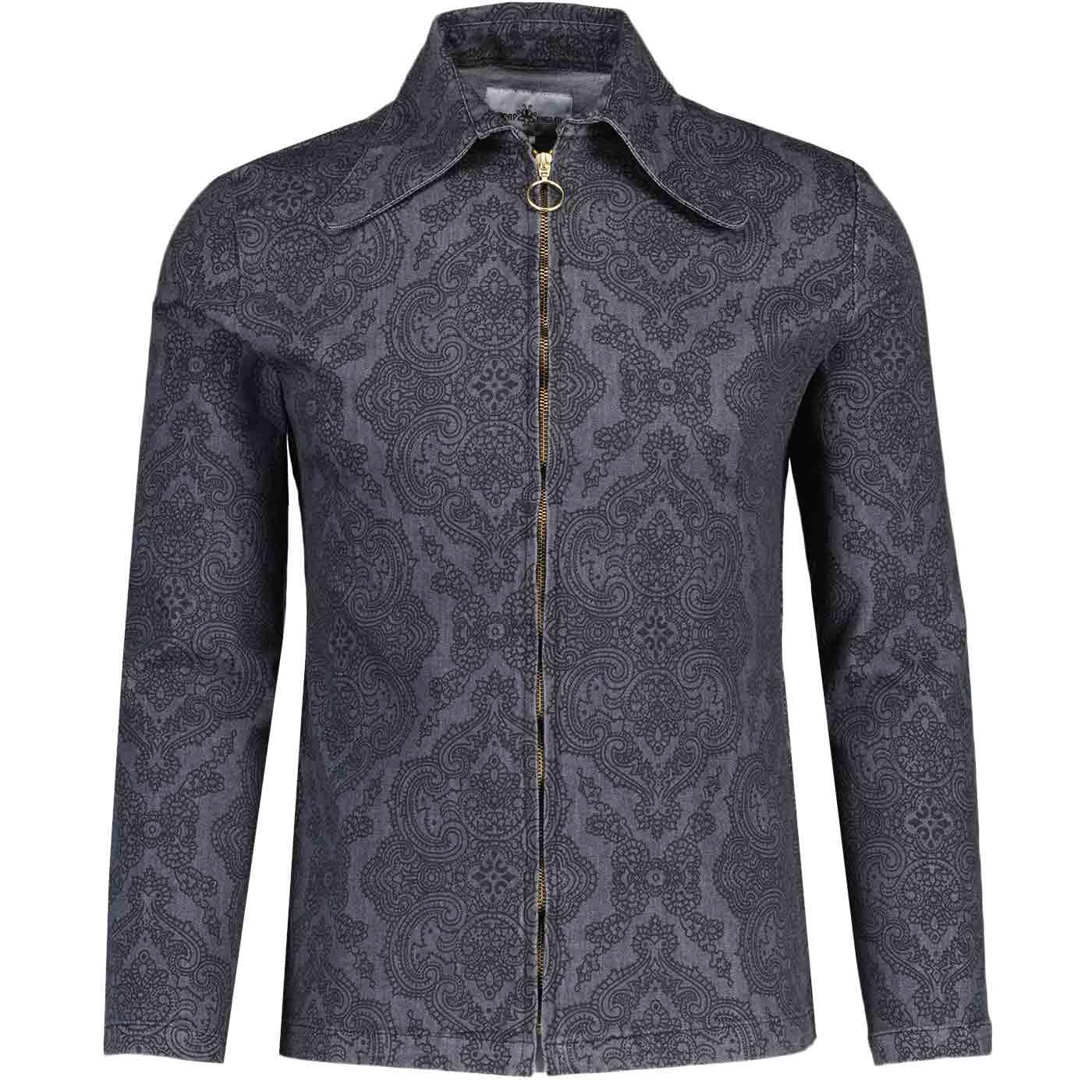 Madcap England Ziggy Paisley Denim Retro 70s Beagle Collar Jacket in Grey MC1110