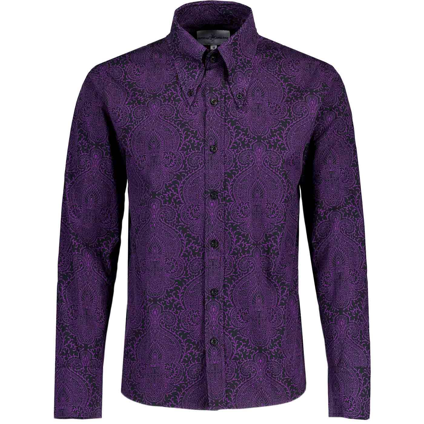 Madcap England Capo Paisley Gangster Collar Button Down Shirt in Black and Purple MC1111
