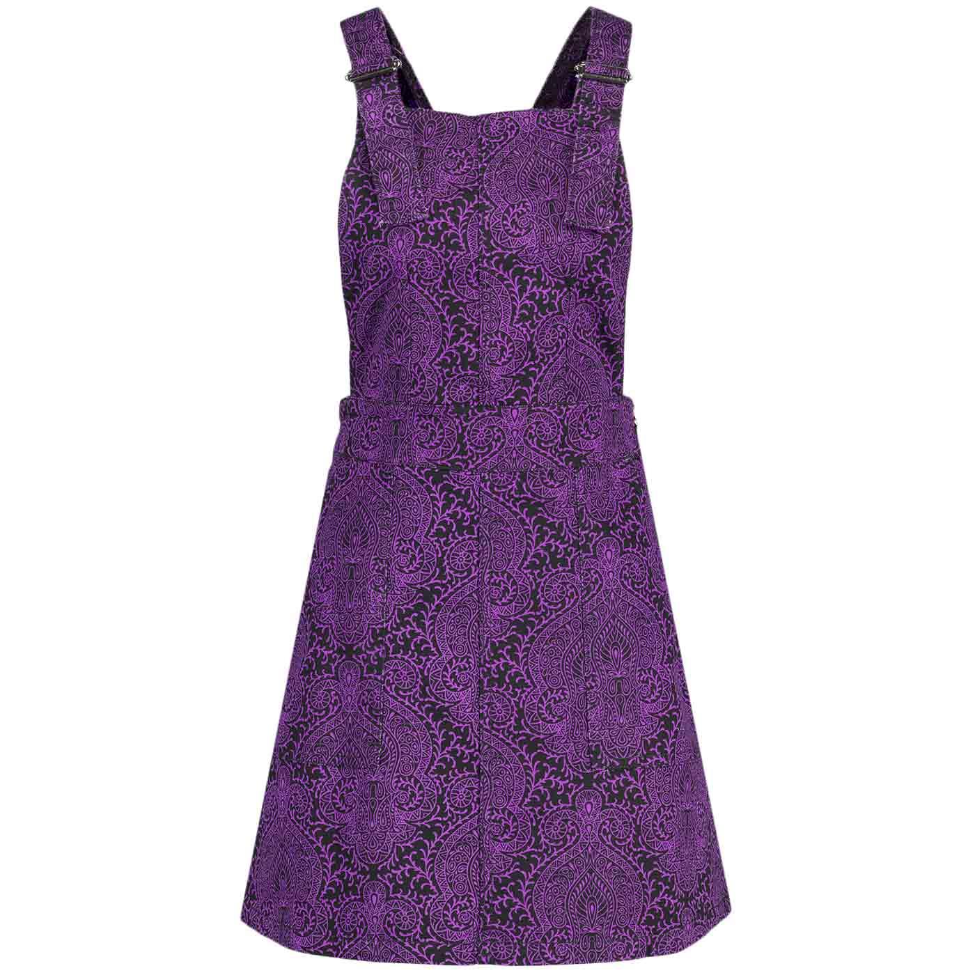 Madcap England Retro 70s Paisley Twill Dungaree Dress in Black and Purple MC1113