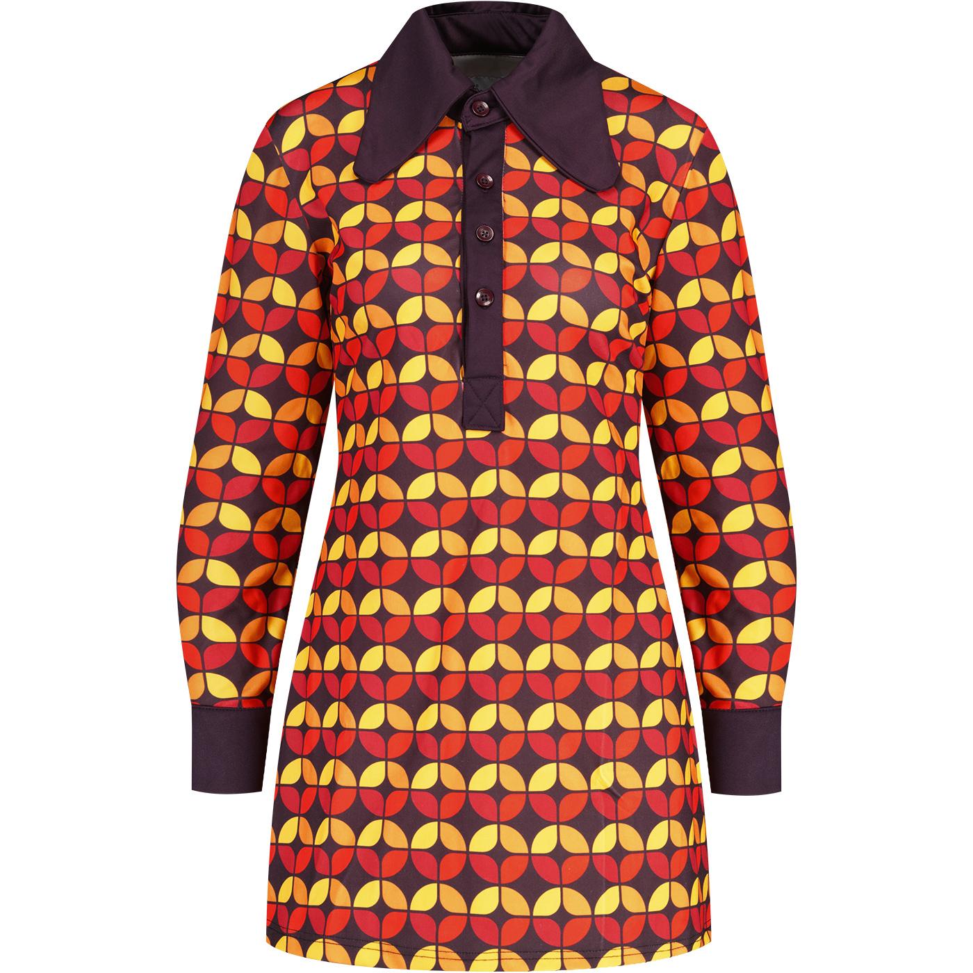 madcap england womens daydream 70s circle print long sleeve dress dark purple red orange