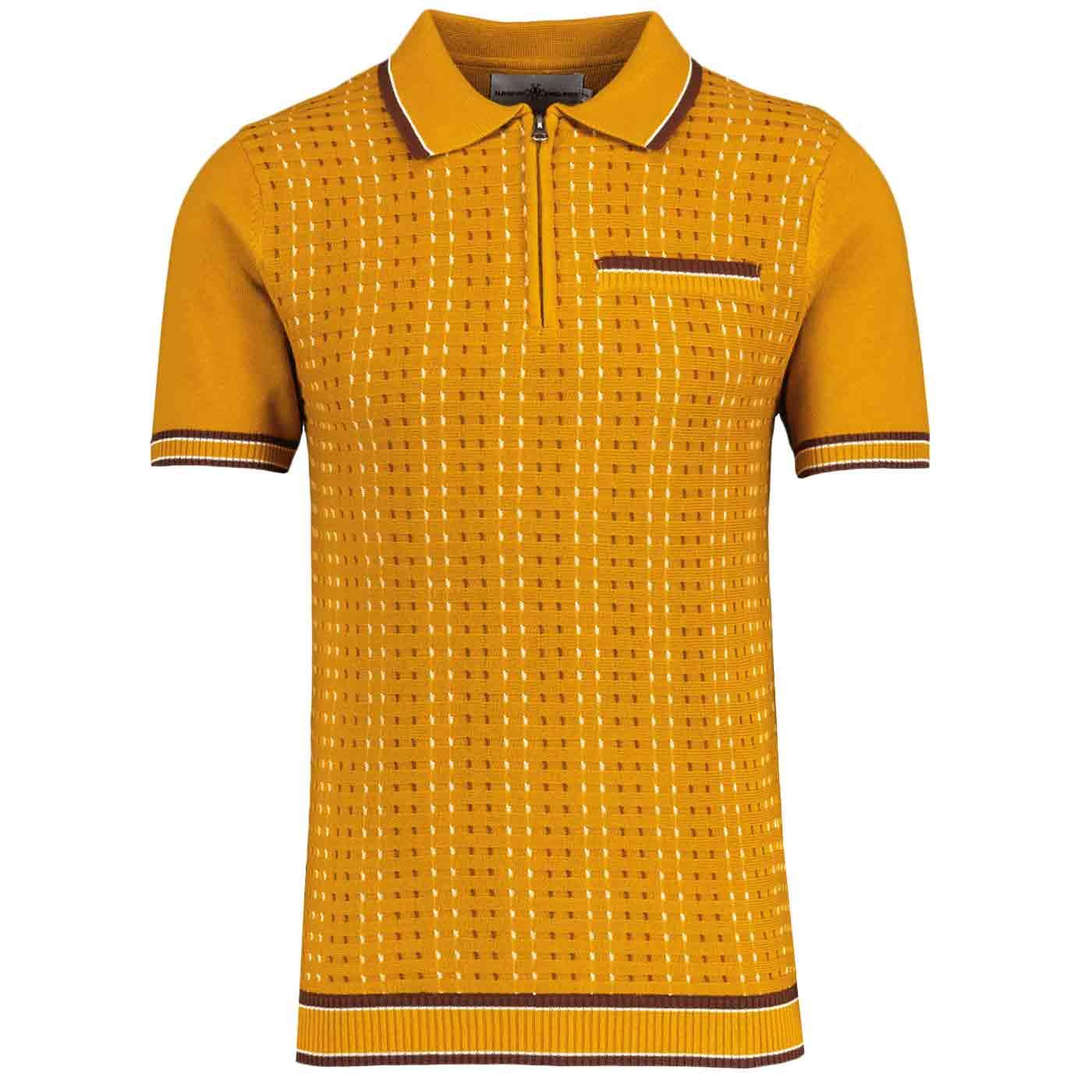 Madcap England Miles 1960s Mod Jacquard Knit Polo Shirt in Buckthorn MC1040 Madcap England Miles 1960s Mod Jacquard Knit Polo Shirt in Buckthorn MC1040