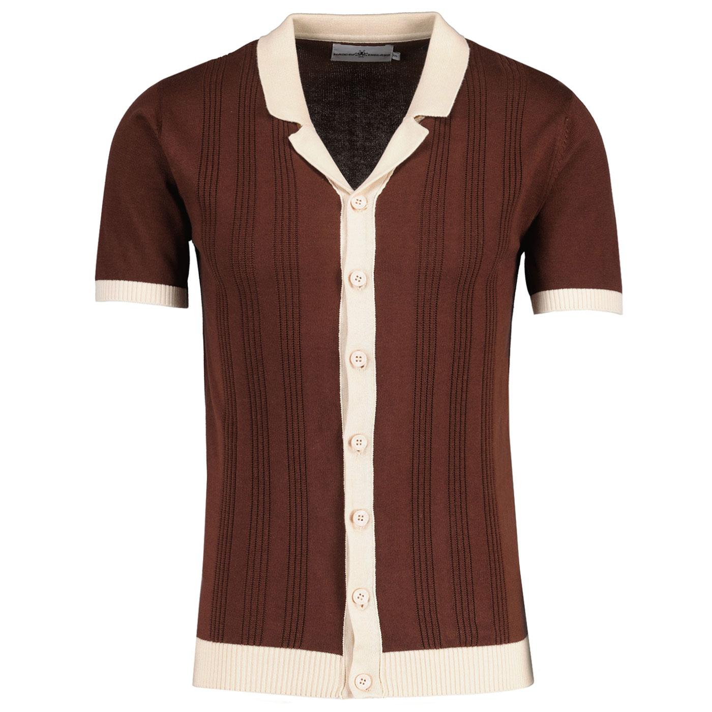 Madcap England Riviera Retro 70s Textured Pinstripe Resort Collar Knitted Shirt in Potting Soil Madcap England Riviera Retro 70s Textured Pinstripe Resort Collar Knitted Shirt in Potting Soil