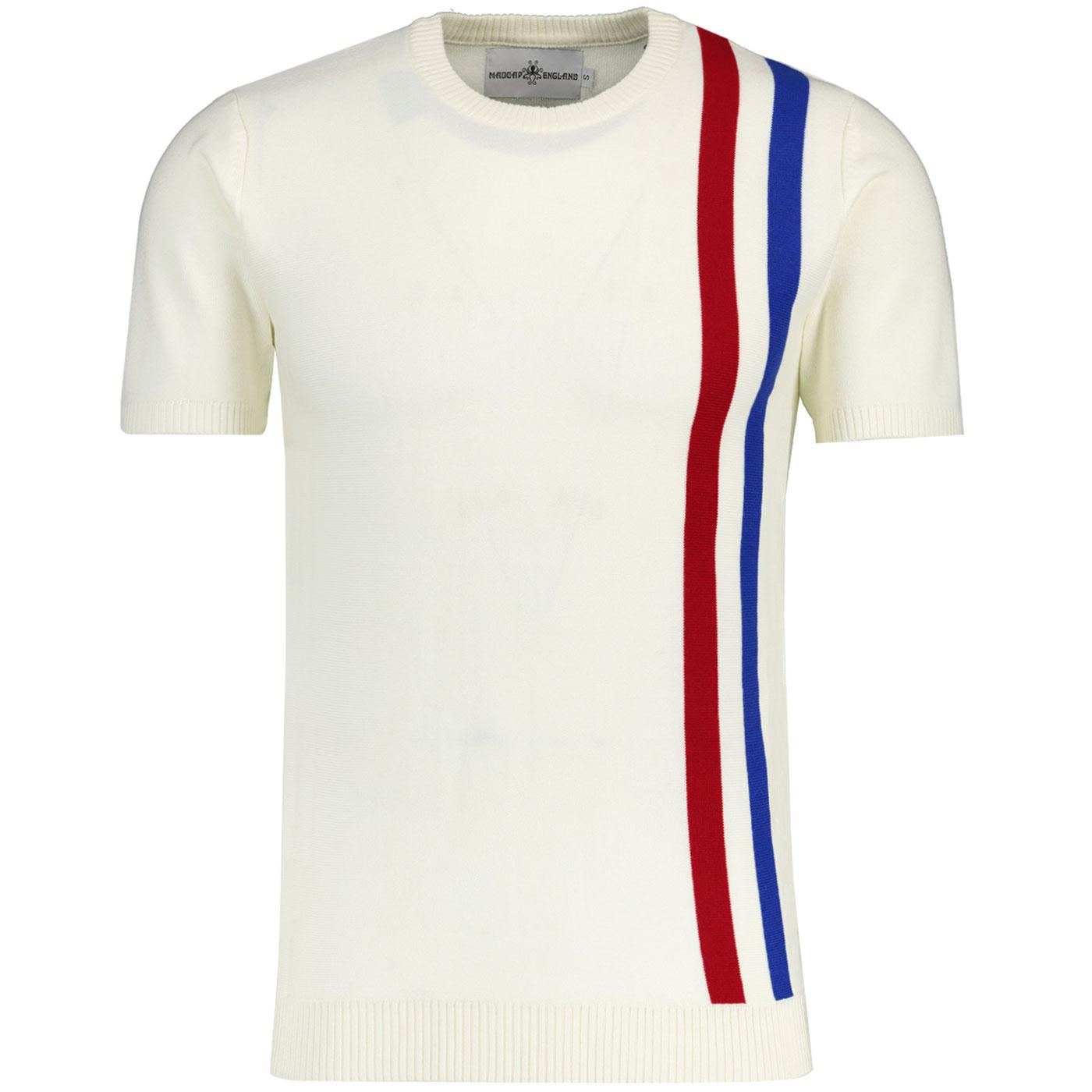 Madcap England Reaction Mod Racing Stripe Knitted T-shirt in Winter White Front Picture