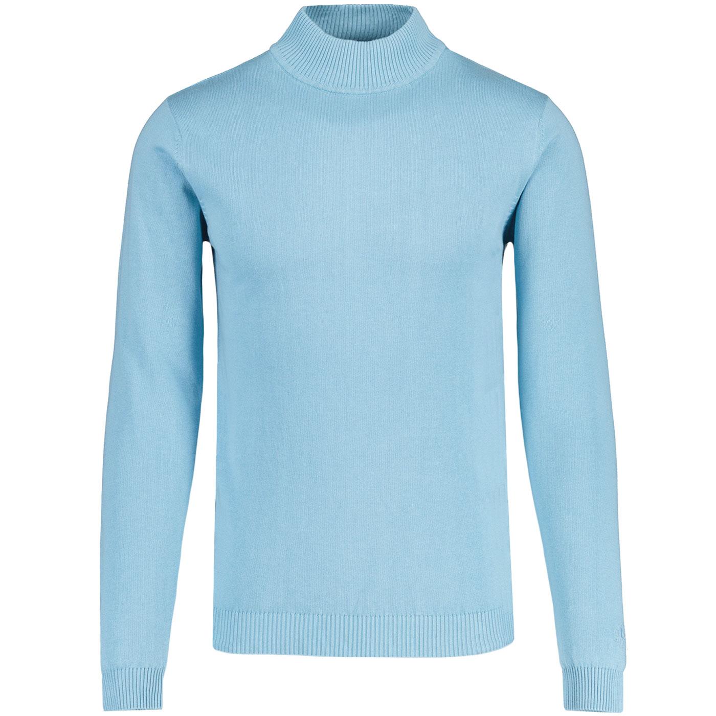 Madcap England Eastwood 60s Mod Mock Turtleneck Knitted Pullover in Air Blue Front Photo Madcap England Eastwood 60s Mod Mock Turtleneck Knitted Pullover in Air Blue Front Photo