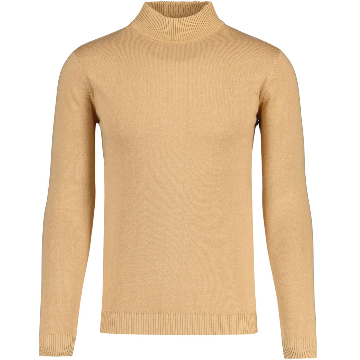 Madcap England Eastwood Mod Mock Turtleneck Knitted Jumper in Latte Front Photo Madcap England Eastwood Mod Mock Turtleneck Knitted Jumper in Latte Front Photo