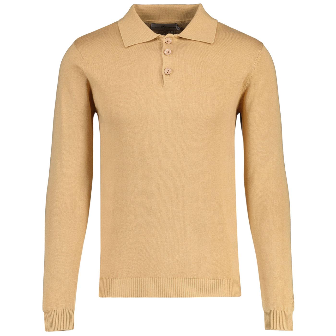Madcap England Brando Mod Long Sleeve Knitted Polo Shirt in Latte Front Photo