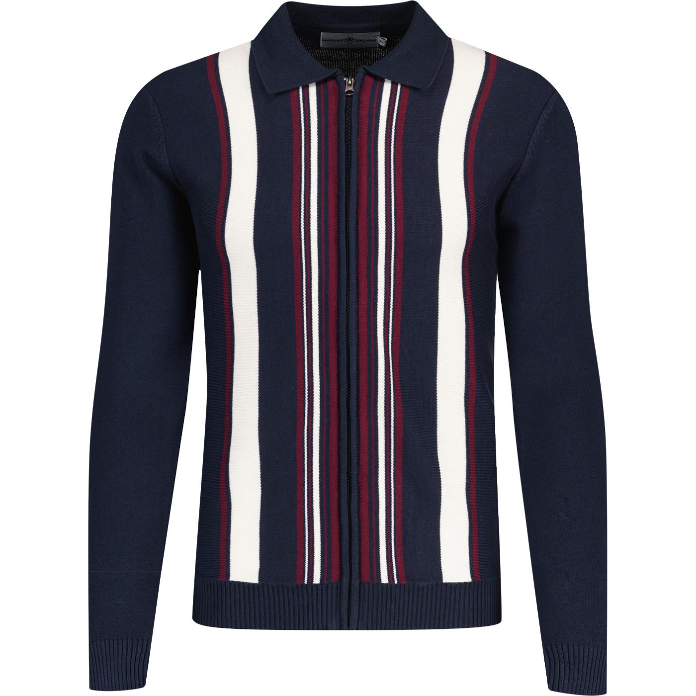 madcap england mens vertical stripe zip through front cardigan navy