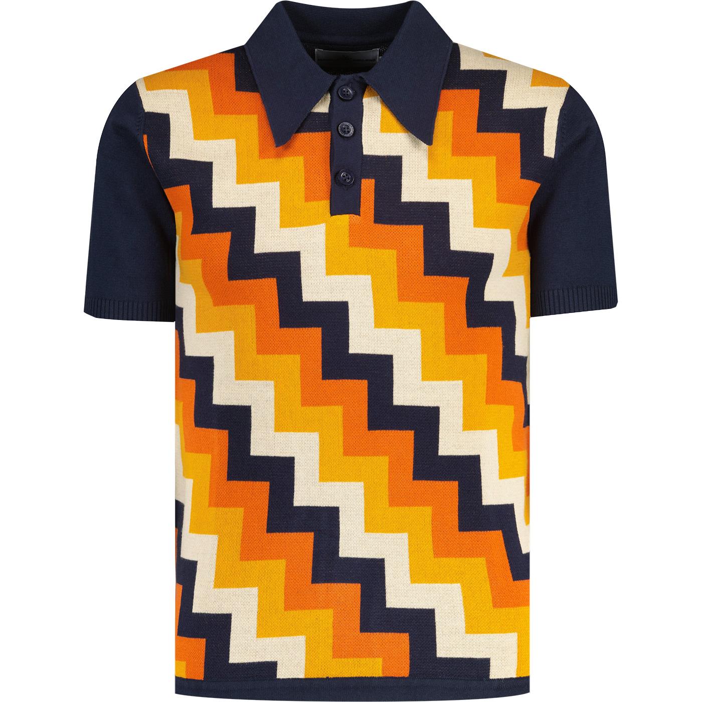 madcap england mens 70s step pattern jacquard polo tshirt navy blazer