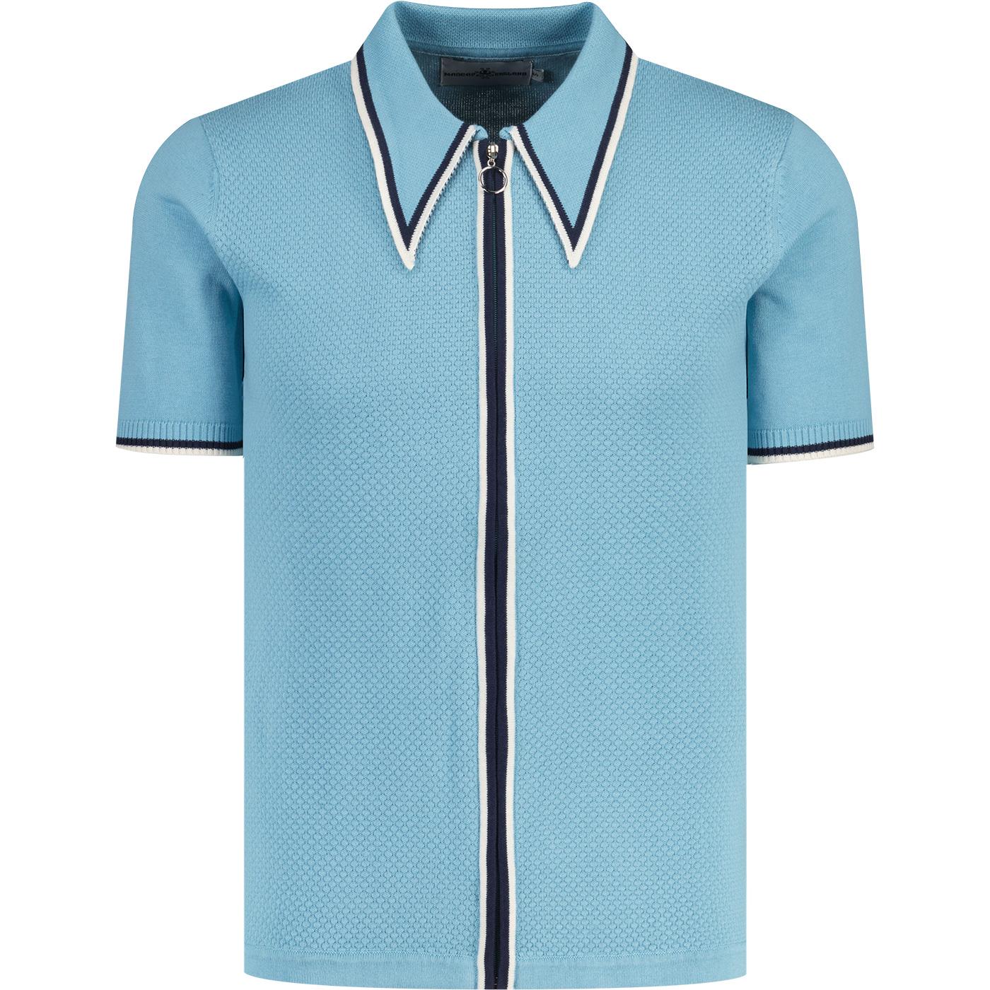 madcap england mens mack popcorn knit spear collar zip through polo tshirt air blue