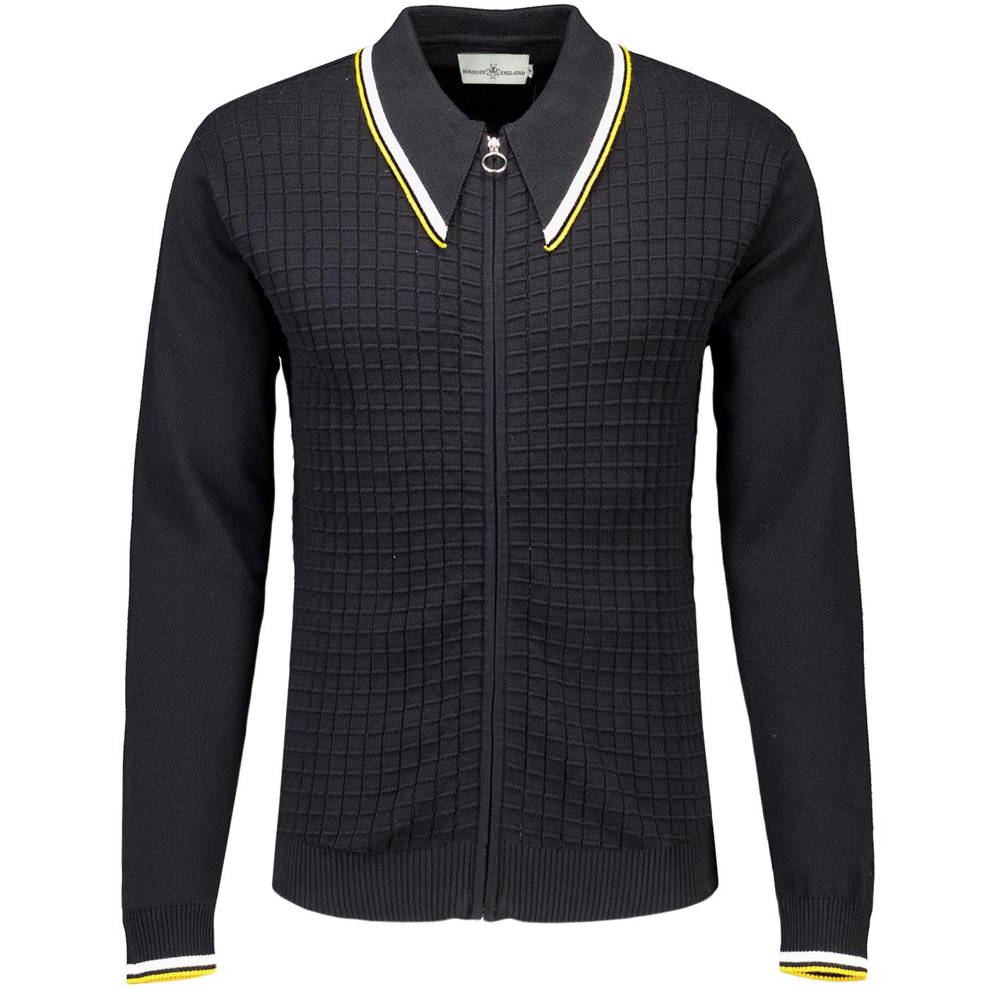 Madcap England Apollo Men's Mod Grid Knit Big Collar Tipped Polo Cardigan in Black Main Photo Madcap England Apollo Men's Mod Grid Knit Big Collar Tipped Polo Cardigan in Black Main Photo
