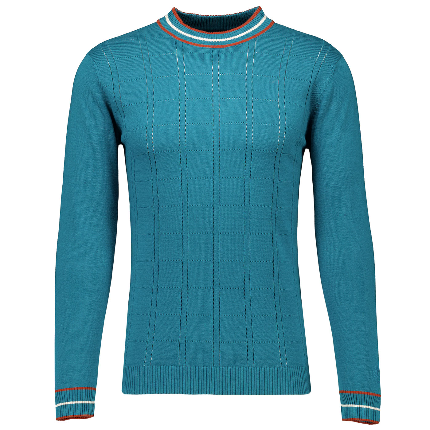Moore Madcap England Pointelle Knit Retro Mock Turtleneck Jumper in Gulf Coast Moore Madcap England Pointelle Knit Retro Mock Turtleneck Jumper in Gulf Coast